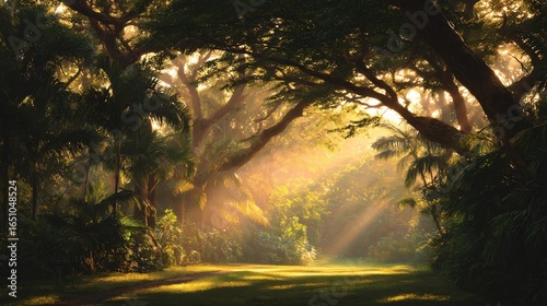 Golden sunlight streams through a lush tropical forest canopy, illuminating the pathway ahead.