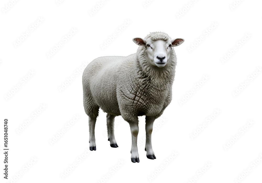 Fototapeta premium Close-up of a white sheep standing against a black background with detailed wool and serene