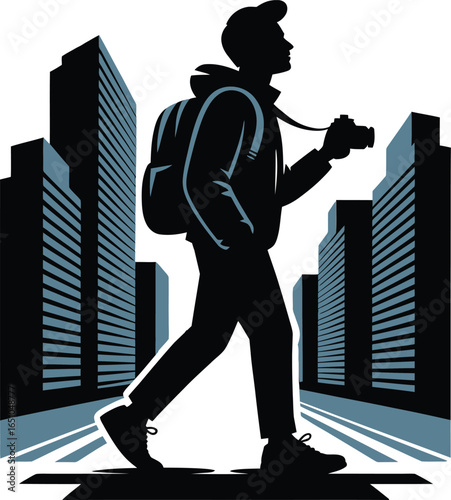 Urban Explorer Silhouette Vector Illustration of a Traveler with Camera in Cityscape