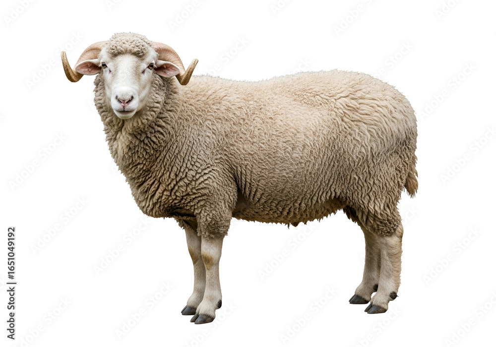 Fototapeta premium Close-up of a Woolly Sheep with Curly Wool and Curved Horns on a Black Background