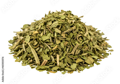 Close-up of dried chopped moringa leaves isolated on black background for herbal use or cooking