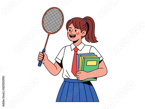 School Girl with a Badminton Racket: A cheerful school girl, radiating energy and enthusiasm, stands holding a badminton racket and a stack of books. This colorful illustration celebrates education.