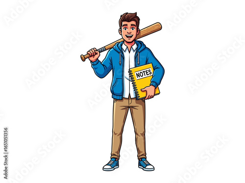 Student with Bat and Notes: A determined student stands confidently, baseball bat on shoulder, notepad in hand, symbolizing a blend of athleticism and academics.