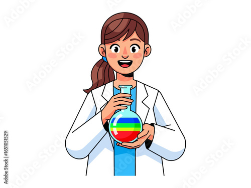 Scientist Holding Chemical Flask: A scientist, in a pristine lab coat, meticulously examines a flask filled with vibrant, rainbow-colored chemicals, exemplifying the essence of scientific innovation.