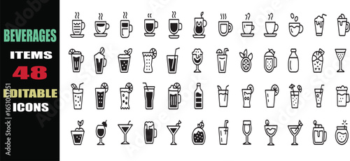 Editable Drink Vector Pack – Coffee, Tea, Juice, Soda, Beer, Wine & Cocktail Outline Icons