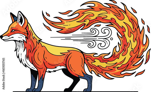 Fiery fox with flaming tail, wind swirls, stylized design.