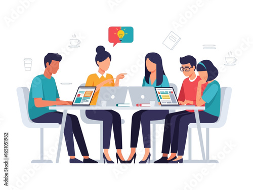 Workplace Dynamics: Dynamic vector illustration of a vibrant office setting, where a collaborative group engages in brainstorming, with laptops at the ready and a lively exchange of ideas. 