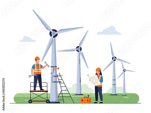 Wind Turbine Maintenance: Engineers collaborate in the field, meticulously maintaining wind turbines, symbols of clean energy, within a vibrant and dynamic illustration.