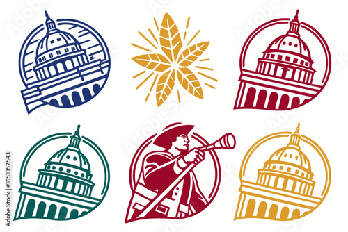 Collection of government building icons and historical figures