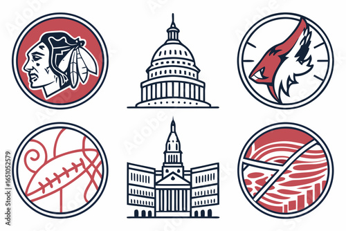 Collection of six circular emblems featuring sports, buildings, and native american imagery