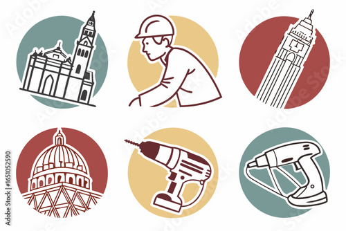 Construction and architecture icons with tools and worker