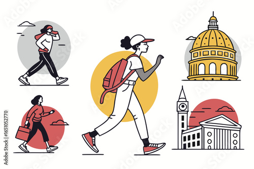 Young woman with backpack walking in city with landmarks