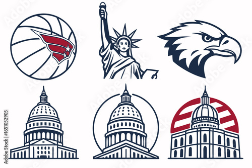 Collection of american symbols and icons isolated on white background
