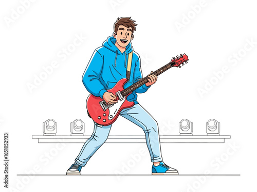 Rocking Out: A dynamic illustration of a guitarist, engrossed in the performance, pouring emotion and energy into the instrument on a stage, illuminated by stage lights.