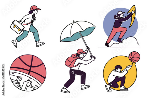 Collection of people engaged in various activities and sports