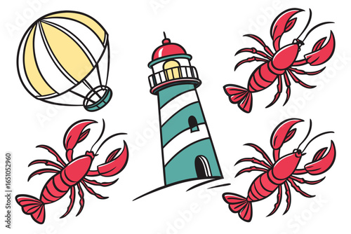 Lobster, lighthouse and hot air balloon isolated on white background