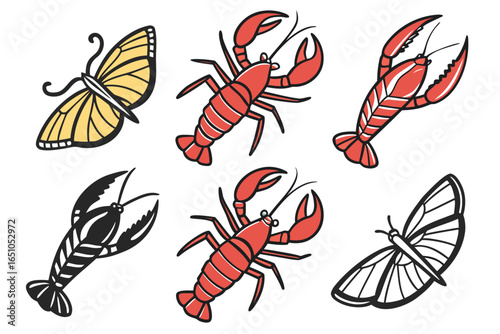 Collection of colorful butterflies and red lobsters isolated on white background