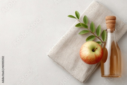 Fresh apple paired with honey bottle and green leaves on soft fa