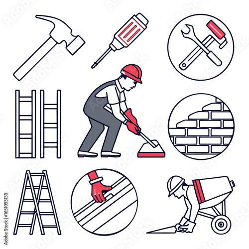 Construction and Renovation Pictorial with Tools and Worker Illustrations Representing Building Trades Craftsmanship and Labor