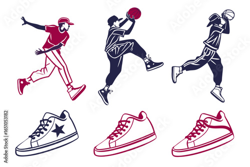 Baseball player running, basketball player jumping, and basketball player dribbling