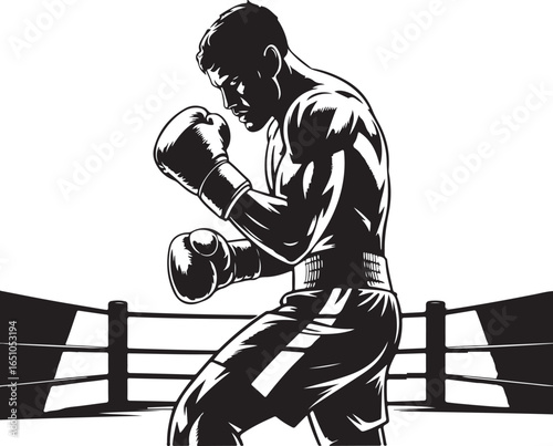 Boxer in a fighting stance with boxing ring ropes in the foreground illustration fighter sport