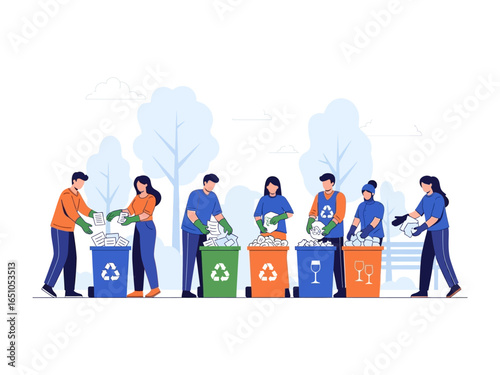 Eco-conscious Group Sorts Recycling: A dedicated team of volunteers diligently sorts various recyclable materials into designated bins.