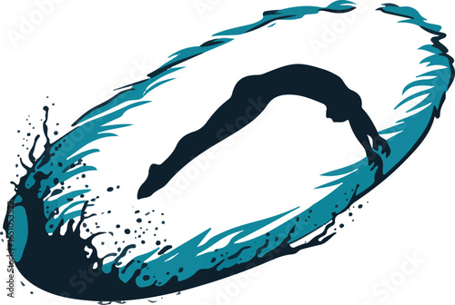 Silhouette of a diver in a splash of water forming an oval shape diving