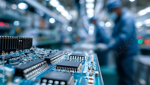 Electronic circuit board in a factory with workers in the background