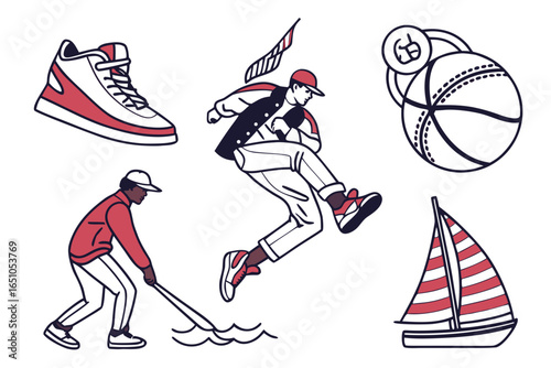 Collection of sports and leisure activities with people and objects