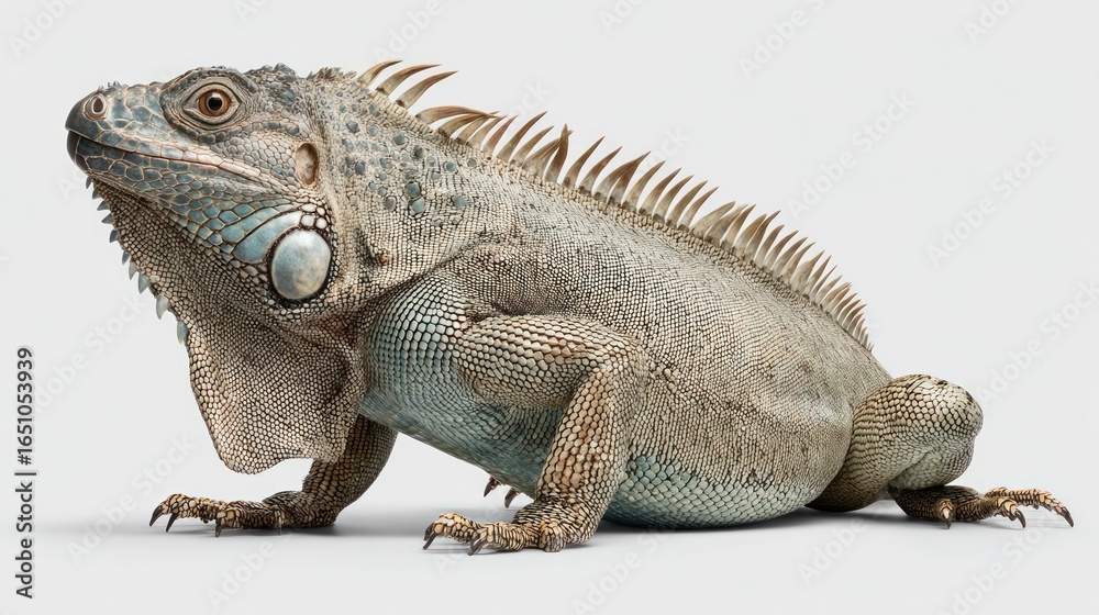Obraz premium Iguana poses, scales detailed, on light ground, crest along back, dewlap inflated