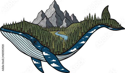 Whale carrying a miniature mountain landscape, forests, river, and clouds.