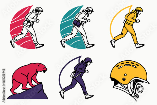 Set of icons depicting people running, climbing, and a bear on a rock