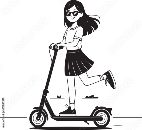 Smiling girl with sunglasses riding a kick scooter on white background child