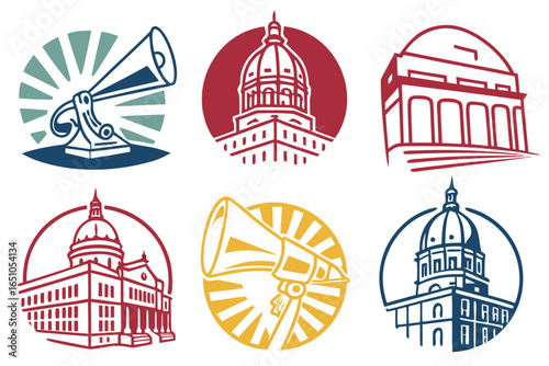 Collection of government buildings and megaphones isolated on white background