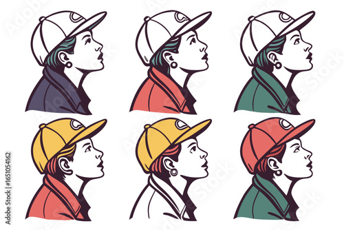 Woman wearing baseball cap in profile view, multiple color variations