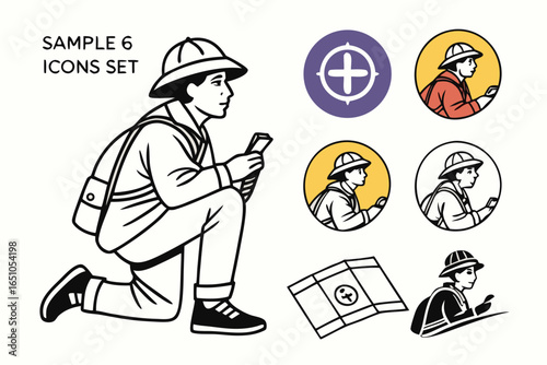 Boy scout with backpack and phone, icons set isolated on white background