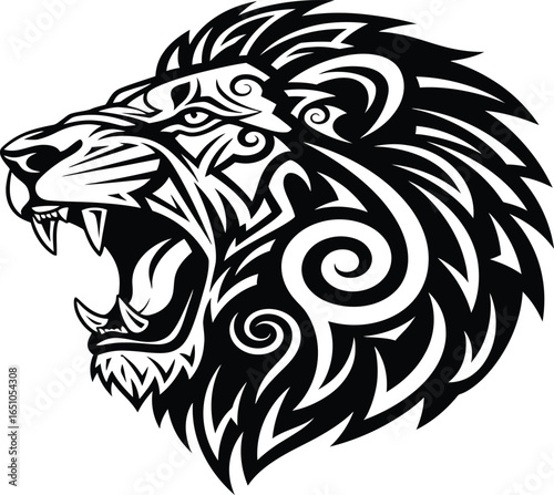 A fierce roaring lion head in a black and white tribal tattoo style.