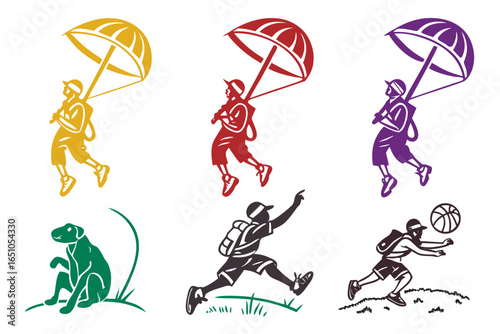 People and dog engaged in various activities like jumping with umbrellas and playing basketball