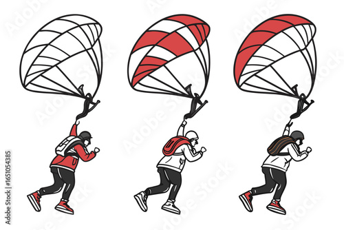 Three skydivers with parachutes deployed isolated on white background