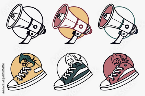 Collection of megaphones and sneakers with different designs
