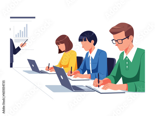 Business Learning: Three colleagues in business attiring formally concentrate on their courses in a spacious room with high-end equipment in the classroom.
