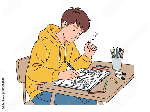 Creative Expression: A young individual engrossed in the art of sketching comic book panels, bringing imagination to life with a touch of focused determination. 