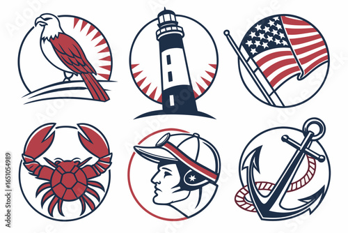 Set of six circular nautical and patriotic emblems isolated on white background