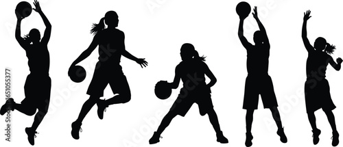 Basketball player silhouettes in action poses, dribbling, jumping, shooting, slam dunk, isolated on white background, sports concept, athletic energy, competition