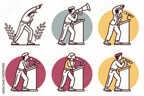 People speaking at podiums with microphones, illustration set