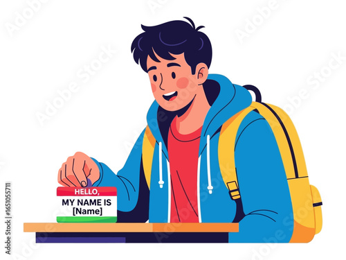 Introducing: The Scholar: A smiling student introduces themself with a name tag at a desk, symbolizing academic freshness and welcome