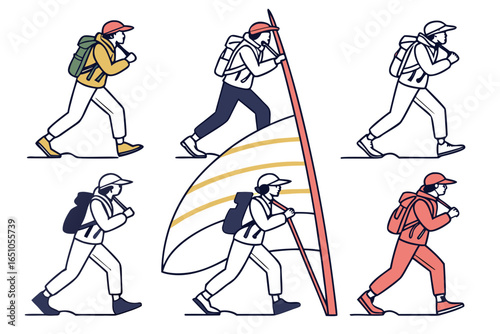 Group of hikers with backpacks walking in different styles isolated on white background