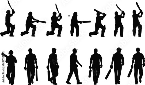 Cricket player silhouettes in batting and walking poses, holding bat, dynamic stances, isolated on white background, sports illustration for game concepts