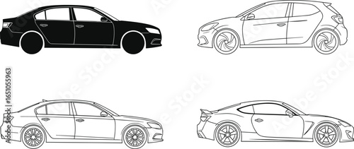 Four different car silhouettes in side view, sedan, hatchback, sports coupe, detailed vector illustration showcasing diverse automobile body styles