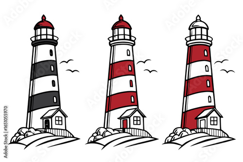 Three lighthouses isolated on white background